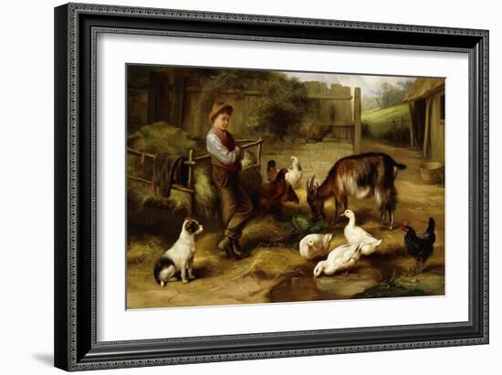 A Boy with Poultry and a Goat in a Farmyard-Charles Hunt-Framed Giclee Print