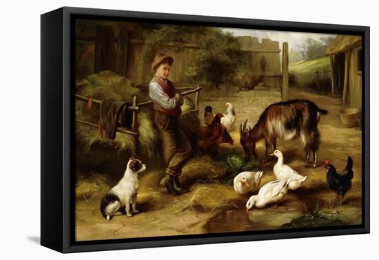 A Boy with Poultry and a Goat in a Farmyard-Charles Hunt-Framed Premier Image Canvas