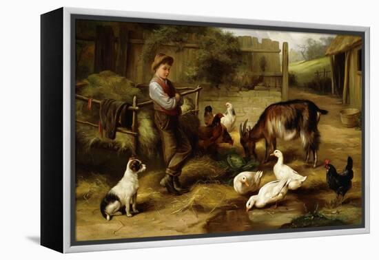 A Boy with Poultry and a Goat in a Farmyard-Charles Hunt-Framed Premier Image Canvas