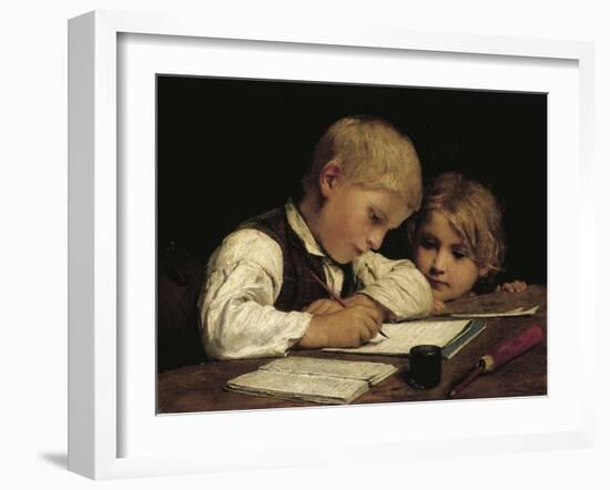 A Boy Writing; Schreibender Knabe Mit Schwesterchen, 1875-Albert Anker-Framed Giclee Print