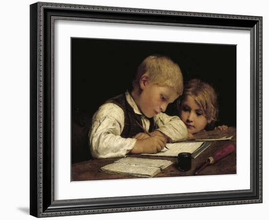 A Boy Writing; Schreibender Knabe Mit Schwesterchen, 1875-Albert Anker-Framed Giclee Print