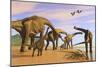 A Brachiosaurus Herd Walks Down a Wet Sandy Beach-null-Mounted Art Print