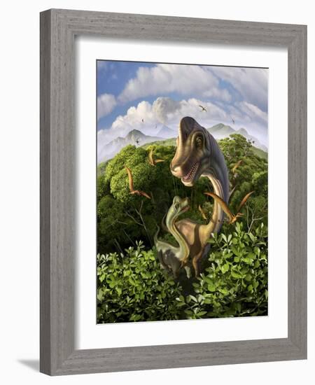 A Brachiosaurus with Young Above the Treetops, Surrounded by Pterodactyls-null-Framed Art Print