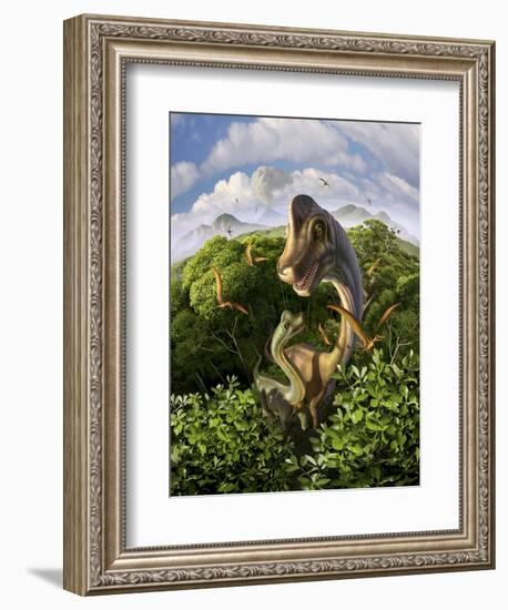 A Brachiosaurus with Young Above the Treetops, Surrounded by Pterodactyls-null-Framed Premium Giclee Print