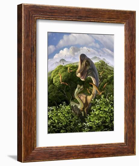 A Brachiosaurus with Young Above the Treetops, Surrounded by Pterodactyls-null-Framed Premium Giclee Print