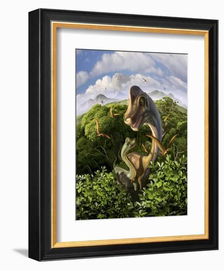 A Brachiosaurus with Young Above the Treetops, Surrounded by Pterodactyls-null-Framed Premium Giclee Print