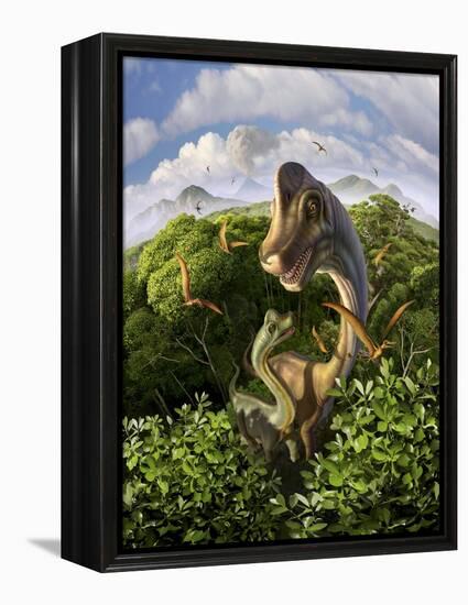 A Brachiosaurus with Young Above the Treetops, Surrounded by Pterodactyls-null-Framed Stretched Canvas