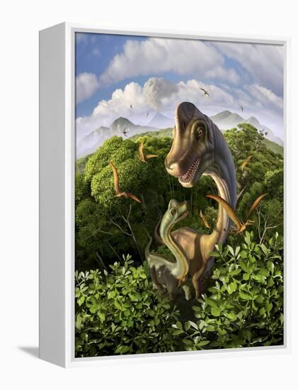 A Brachiosaurus with Young Above the Treetops, Surrounded by Pterodactyls-null-Framed Stretched Canvas
