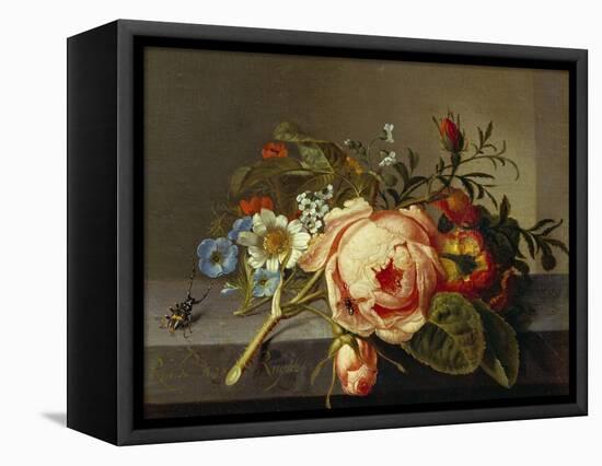 A Branch of Roses with Beetle and Bee, 1741-Rachel Ruysch-Framed Premier Image Canvas