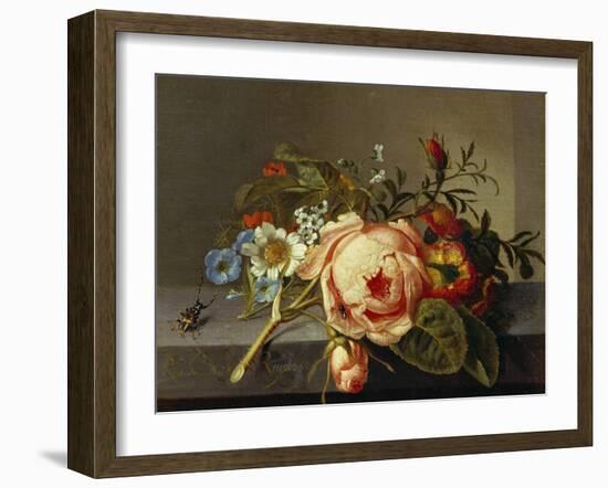 A Branch of Roses with Beetle and Bee, 1741-Rachel Ruysch-Framed Giclee Print