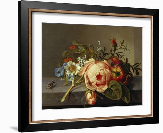 A Branch of Roses with Beetle and Bee, 1741-Rachel Ruysch-Framed Giclee Print