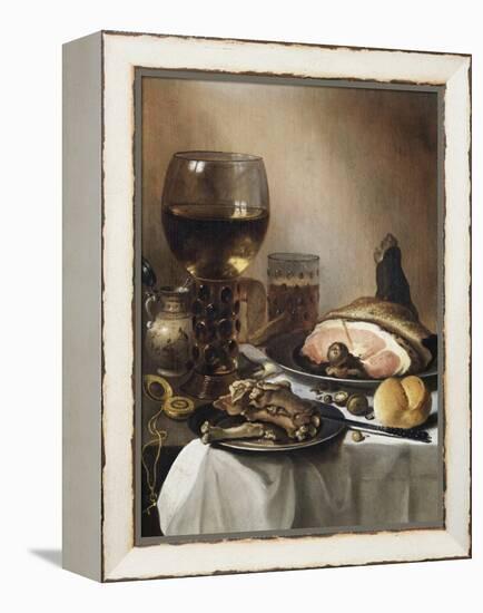 A Breakfast Still Life of a Roemer Ham and Meat on Pewter Plates, Bread and a Gold Verge Watch on…-Pieter Claesz-Framed Premier Image Canvas