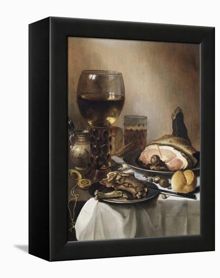 A Breakfast Still Life of a Roemer Ham and Meat on Pewter Plates, Bread and a Gold Verge Watch on…-Pieter Claesz-Framed Premier Image Canvas