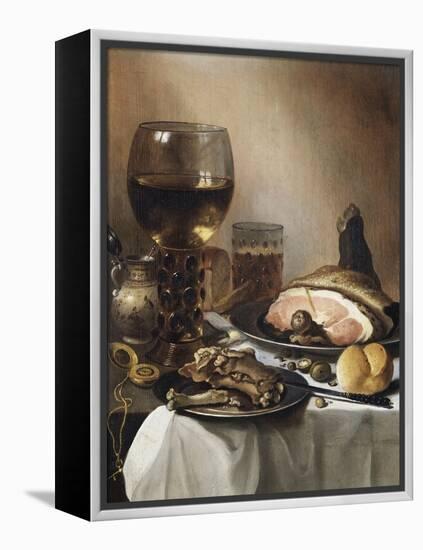 A Breakfast Still Life of a Roemer Ham and Meat on Pewter Plates, Bread and a Gold Verge Watch on…-Pieter Claesz-Framed Premier Image Canvas