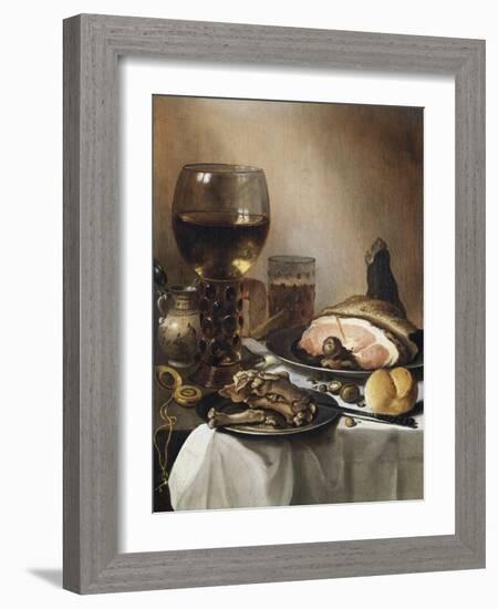A Breakfast Still Life of a Roemer Ham and Meat on Pewter Plates, Bread and a Gold Verge Watch on…-Pieter Claesz-Framed Giclee Print