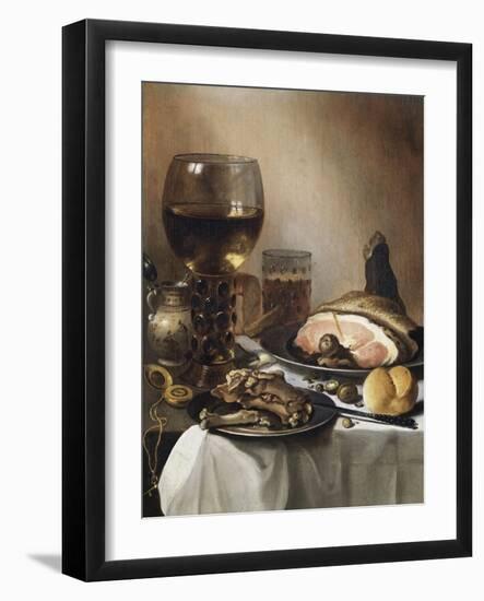 A Breakfast Still Life of a Roemer Ham and Meat on Pewter Plates, Bread and a Gold Verge Watch on…-Pieter Claesz-Framed Giclee Print