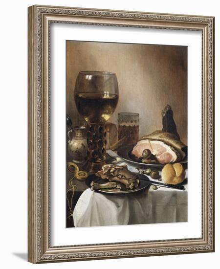 A Breakfast Still Life of a Roemer Ham and Meat on Pewter Plates, Bread and a Gold Verge Watch on…-Pieter Claesz-Framed Giclee Print