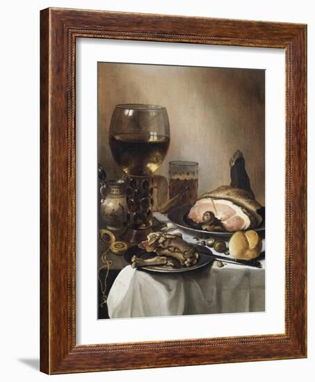 A Breakfast Still Life of a Roemer Ham and Meat on Pewter Plates, Bread and a Gold Verge Watch on…-Pieter Claesz-Framed Giclee Print