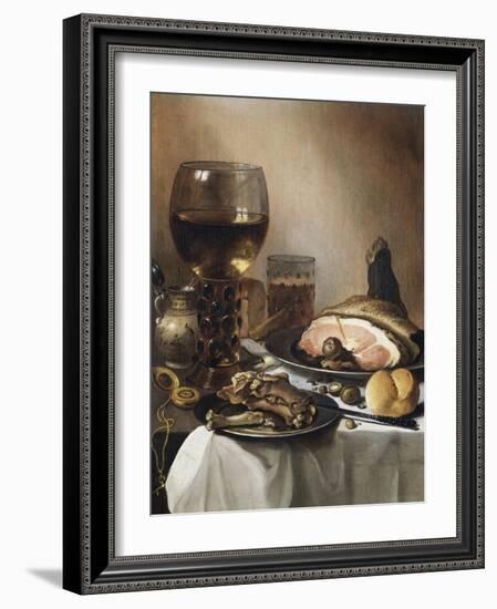 A Breakfast Still Life of a Roemer Ham and Meat on Pewter Plates, Bread and a Gold Verge Watch on…-Pieter Claesz-Framed Giclee Print