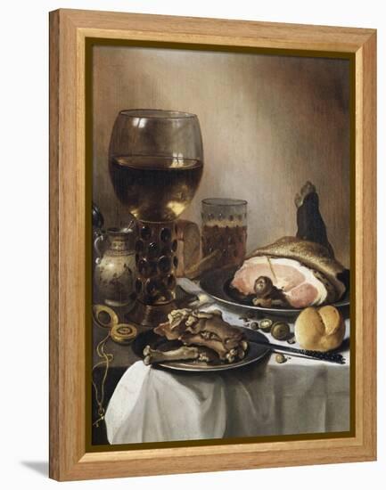 A Breakfast Still Life of a Roemer Ham and Meat on Pewter Plates, Bread and a Gold Verge Watch on…-Pieter Claesz-Framed Premier Image Canvas