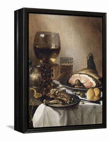 A Breakfast Still Life of a Roemer Ham and Meat on Pewter Plates, Bread and a Gold Verge Watch on…-Pieter Claesz-Framed Premier Image Canvas