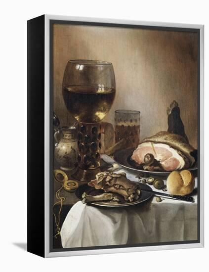 A Breakfast Still Life of a Roemer Ham and Meat on Pewter Plates, Bread and a Gold Verge Watch on…-Pieter Claesz-Framed Premier Image Canvas