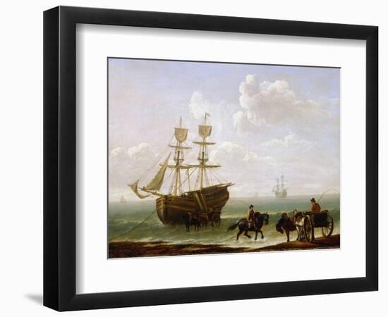 A Brick Caught on the Shore, Unloaded into Carts. Oil on Canvas, circa 1790, by Julius Caesar Ibbet-Julius Caesar Ibbetson-Framed Giclee Print