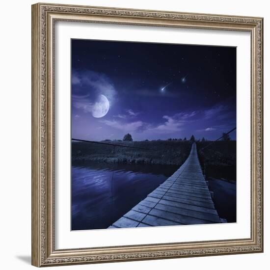 A Bridge across the River at Night Against Starry Sky, Russia-null-Framed Photographic Print