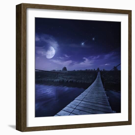 A Bridge across the River at Night Against Starry Sky, Russia-null-Framed Photographic Print