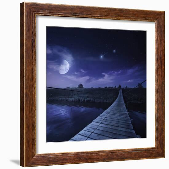 A Bridge across the River at Night Against Starry Sky, Russia-null-Framed Photographic Print