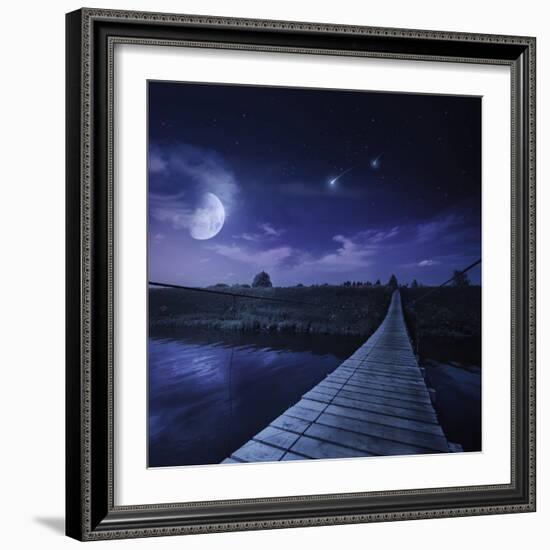 A Bridge across the River at Night Against Starry Sky, Russia-null-Framed Photographic Print