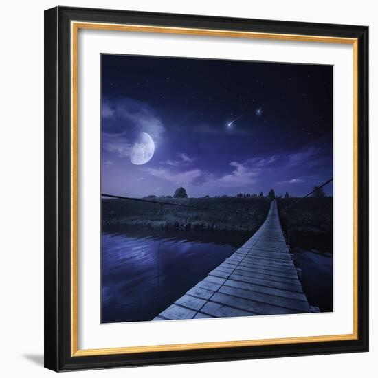 A Bridge across the River at Night Against Starry Sky, Russia-null-Framed Photographic Print