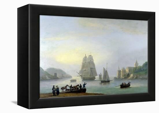A Brig Entering Dartmouth Harbour, with a Ferry in the Foreground, 1828-Thomas Luny-Framed Premier Image Canvas