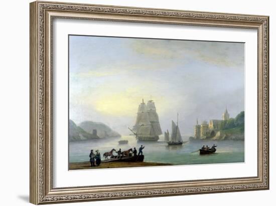 A Brig Entering Dartmouth Harbour, with a Ferry in the Foreground, 1828-Thomas Luny-Framed Giclee Print