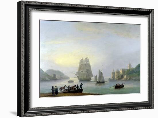 A Brig Entering Dartmouth Harbour, with a Ferry in the Foreground, 1828-Thomas Luny-Framed Giclee Print