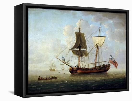 A British Brigantine, Carrying the Red Flag and the Union Jack, Offshore in a Calm Sea. Oil on Canv-John the Elder Cleveley-Framed Premier Image Canvas