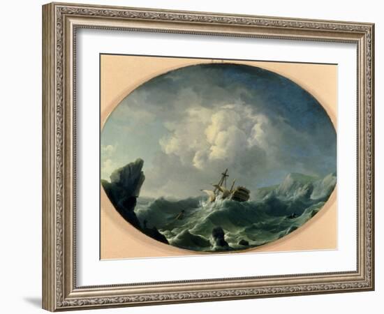 A British Man of War in Rough Seas off a Rocky Coast-Charles Brooking-Framed Giclee Print