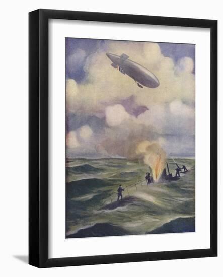 A British Naval Airship Bombing a Submarine-null-Framed Giclee Print