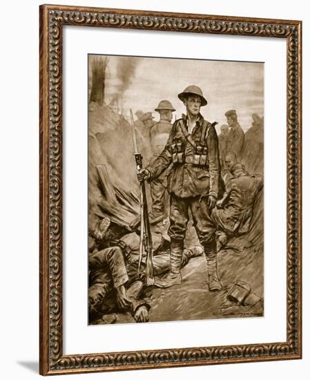 A British Soldier in a Conquered Enemy Trench: Quiet and Steadfast and in Triumph Merciful-null-Framed Giclee Print