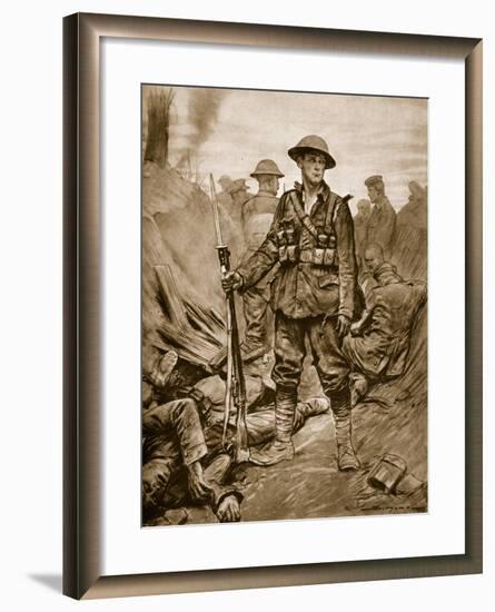 A British Soldier in a Conquered Enemy Trench: Quiet and Steadfast and in Triumph Merciful-null-Framed Giclee Print