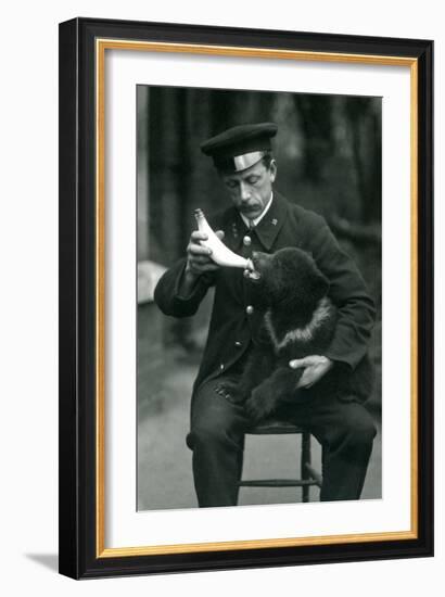 A Brown Bear Cub Being Bottle Fed by Keeper, Leslie Martin Flewin, at London Zoo in May 1914-Frederick William Bond-Framed Photographic Print