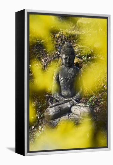 A Buddha Statue in the Garden of Zen Temple Ryumonji Surrounded by Forsythia-null-Framed Premier Image Canvas