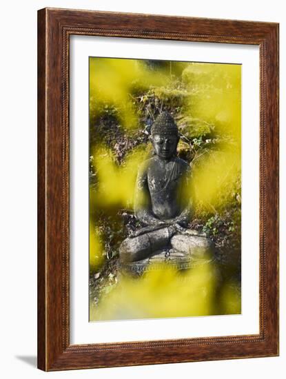 A Buddha Statue in the Garden of Zen Temple Ryumonji Surrounded by Forsythia-null-Framed Photographic Print