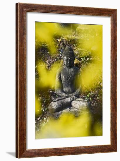 A Buddha Statue in the Garden of Zen Temple Ryumonji Surrounded by Forsythia-null-Framed Photographic Print