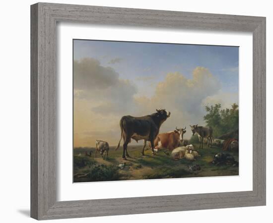 A Bull, a Cow, a Donkey, a Goat, a Dog, Sheep and Poultry in an Extensive Landscape, 1849-Joseph Bail-Framed Giclee Print