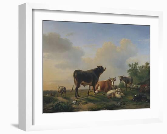 A Bull, a Cow, a Donkey, a Goat, a Dog, Sheep and Poultry in an Extensive Landscape, 1849-Joseph Bail-Framed Giclee Print