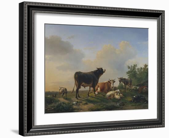 A Bull, a Cow, a Donkey, a Goat, a Dog, Sheep and Poultry in an Extensive Landscape, 1849-Joseph Bail-Framed Giclee Print