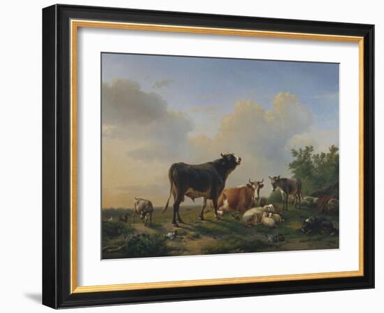 A Bull, a Cow, a Donkey, a Goat, a Dog, Sheep and Poultry in an Extensive Landscape, 1849-Joseph Bail-Framed Giclee Print