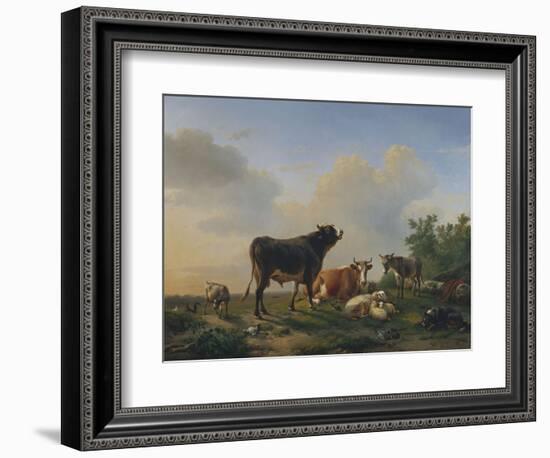 A Bull, a Cow, a Donkey, a Goat, a Dog, Sheep and Poultry in an Extensive Landscape, 1849-Joseph Bail-Framed Giclee Print