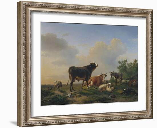 A Bull, a Cow, a Donkey, a Goat, Sheep and Poultry in an Extensive Landscape, 1849-Eugene Joseph Verboeckhoven-Framed Giclee Print